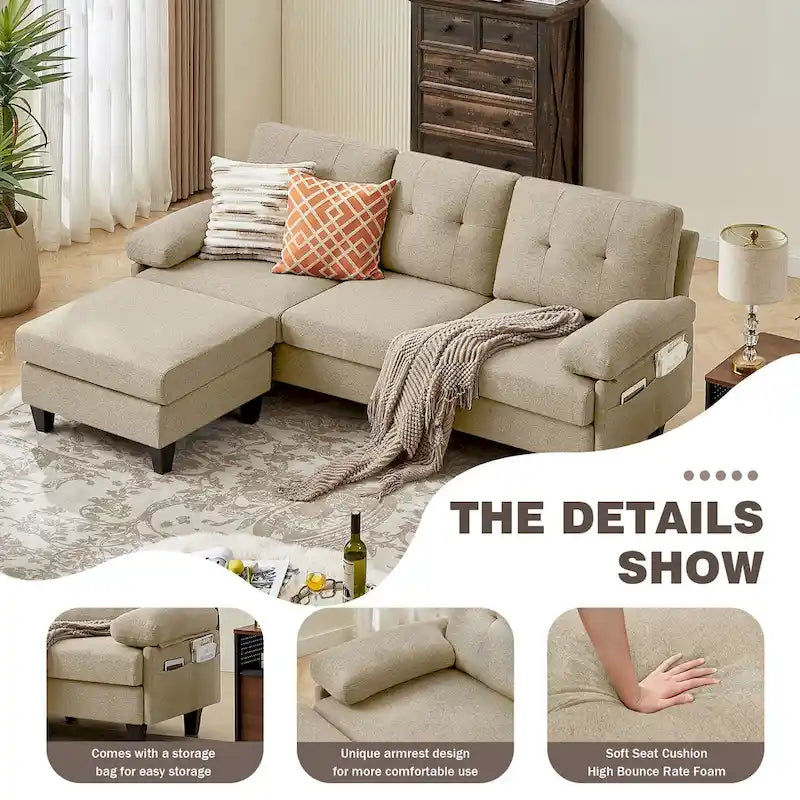 86.22 Wide Sectional Sofa with Ottoman & Side Storage Bags