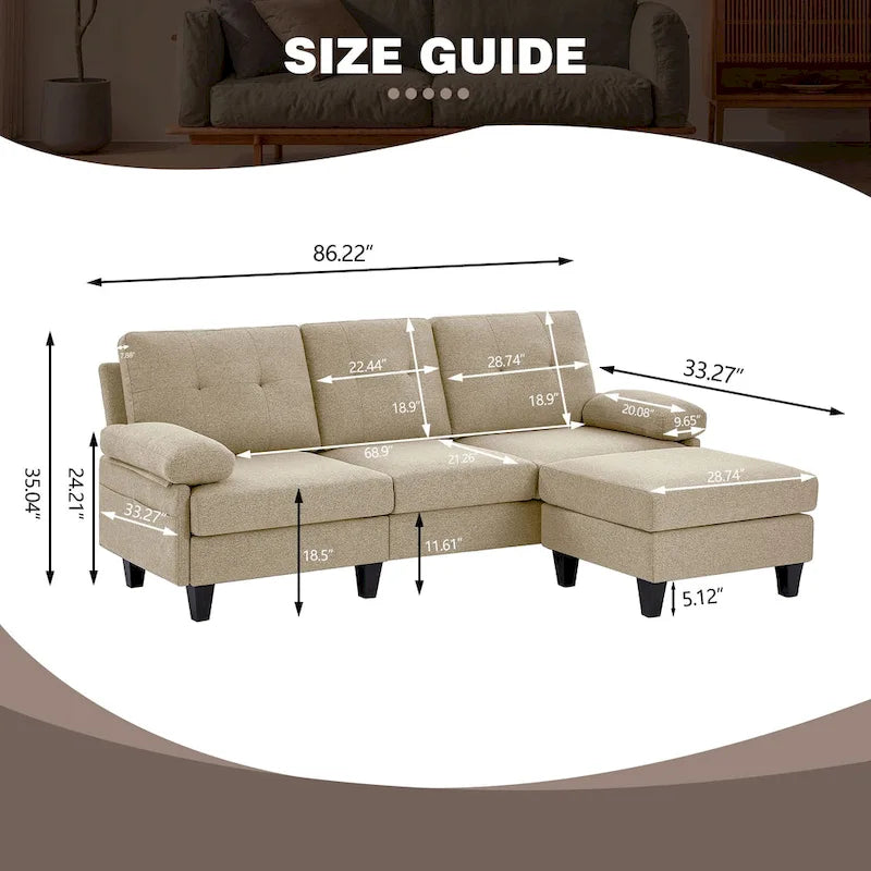 86.22 Wide Sectional Sofa with Ottoman & Side Storage Bags