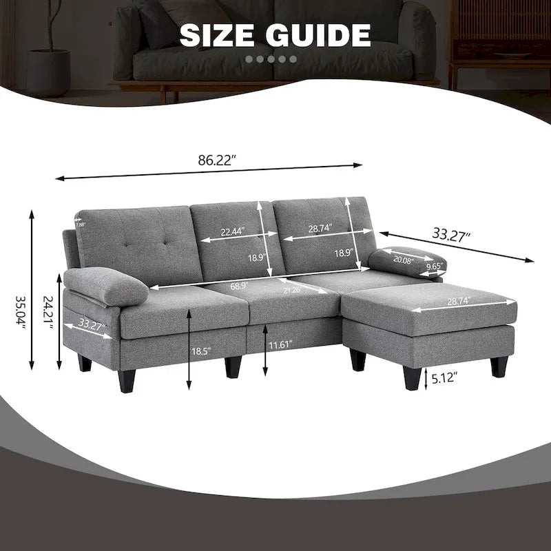 86.22 Wide Sectional Sofa with Ottoman & Side Storage Bags
