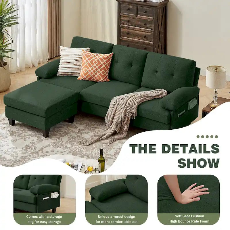 86.22 Wide Sectional Sofa with Ottoman & Side Storage Bags