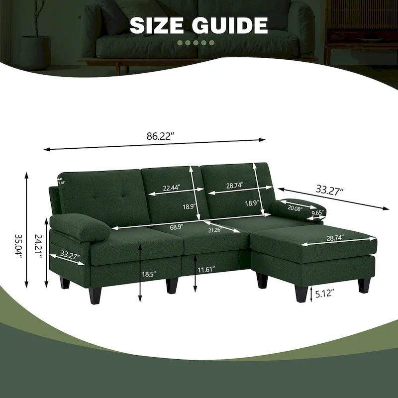 86.22 Wide Sectional Sofa with Ottoman & Side Storage Bags