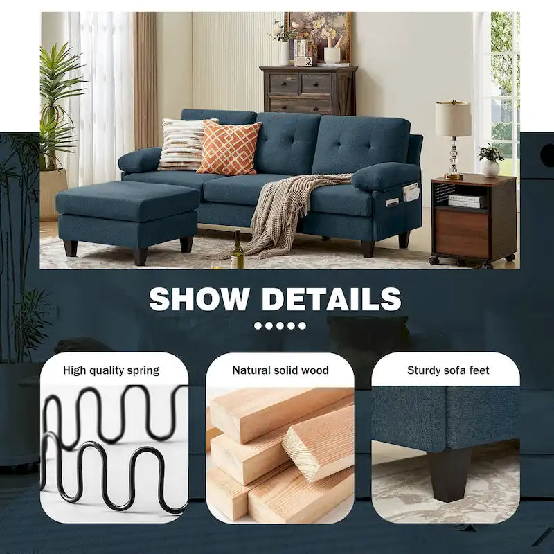 86.22 Wide Sectional Sofa with Ottoman & Side Storage Bags