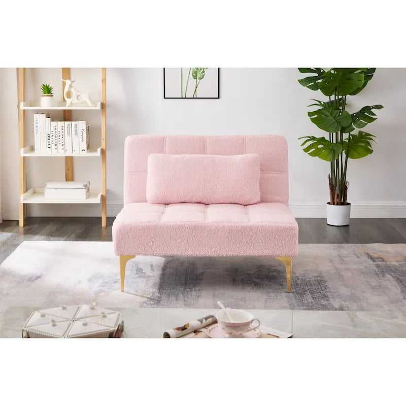 Convertible Futon Teddy Fabric Sofa Bed With Gold Metal Legs