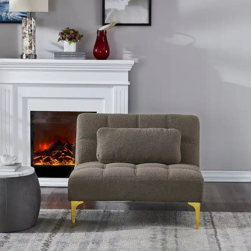 Convertible Futon Teddy Fabric Sofa Bed With Gold Metal Legs