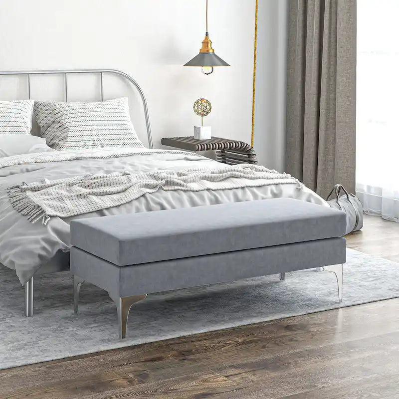 HOMCOM 48 End of Bed Bench, Upholstered Entryway Bench with Double Layer Seat Cushions and Steel Legs, Bedroom Bench, Dark Gray