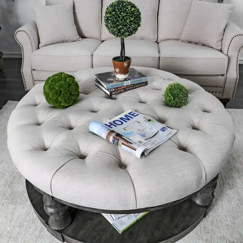 Bae Rustic 48-inch Fabric Tufted 1-Shelf Round Coffee Table by Furniture of America