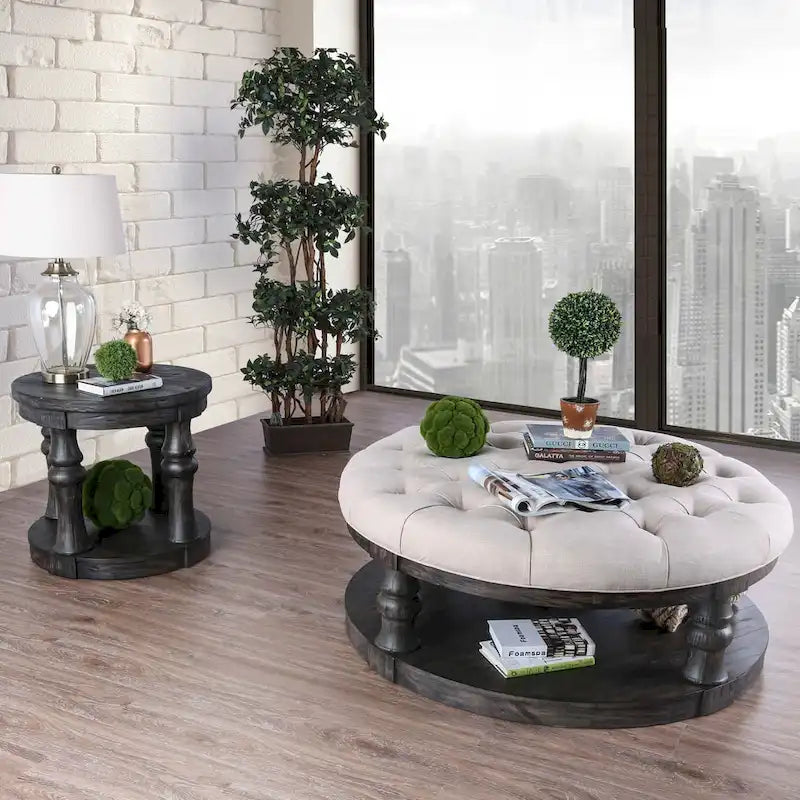 Bae Rustic 48-inch Fabric Tufted 1-Shelf Round Coffee Table by Furniture of America