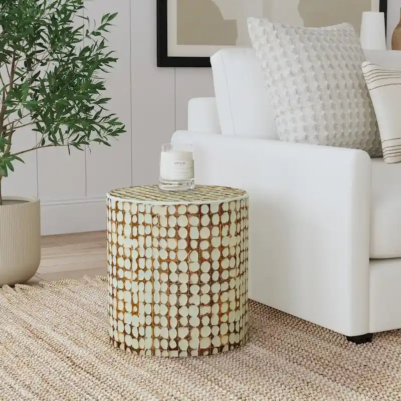 Round Coconut Shell Mosaic Accent Table by East at Main