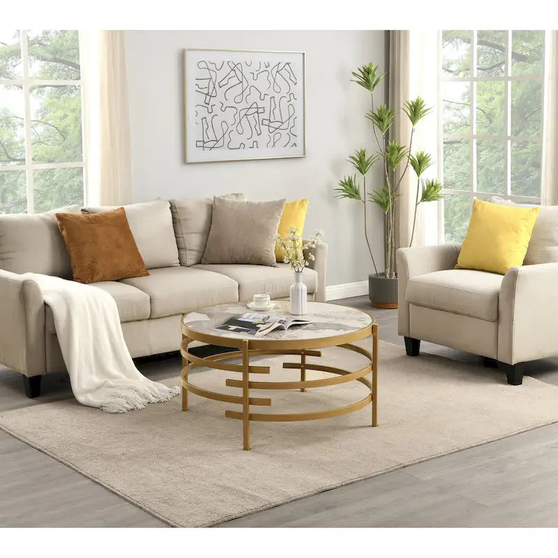 32.48 Modern Round Coffee Table with Sintered Stone Top & Sturdy Metal Frame