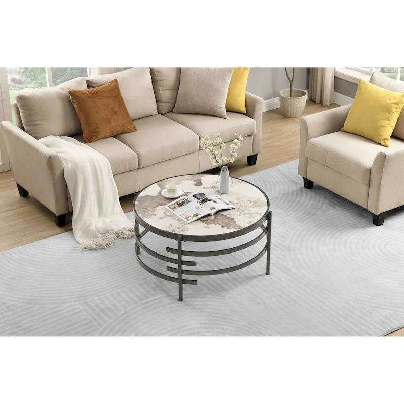 32.48 Modern Round Coffee Table with Sintered Stone Top & Sturdy Metal Frame