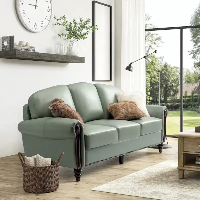 Eduard 84 Traditional Genuine Leather Sofa with Carved Wood Legs by HULALA HOME