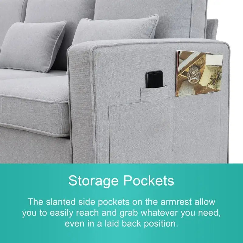 104Upholstered Sofa Couch with Armrest Pockets and 4 Pillows, 4-Seater Modern Linen Fabric Sofa Minimalist Style Couches