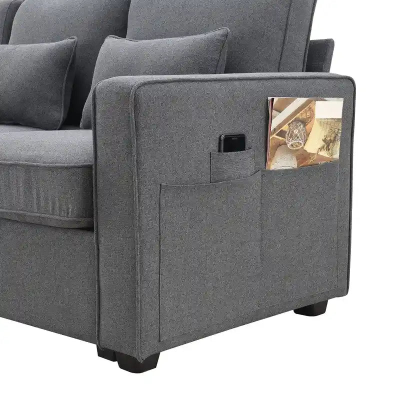 104Upholstered Sofa Couch with Armrest Pockets and 4 Pillows, 4-Seater Modern Linen Fabric Sofa Minimalist Style Couches