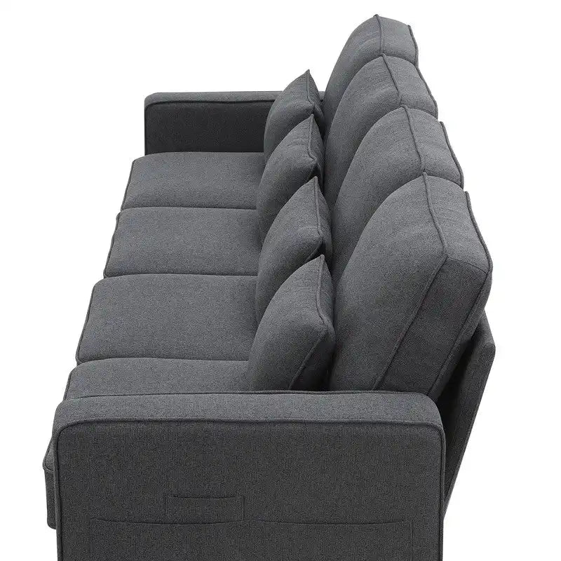 104Upholstered Sofa Couch with Armrest Pockets and 4 Pillows, 4-Seater Modern Linen Fabric Sofa Minimalist Style Couches