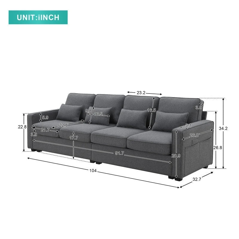 104Upholstered Sofa Couch with Armrest Pockets and 4 Pillows, 4-Seater Modern Linen Fabric Sofa Minimalist Style Couches