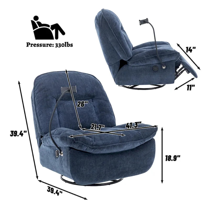 Clihome Adjustable Swivel Chenille Recliner with Phone Holder