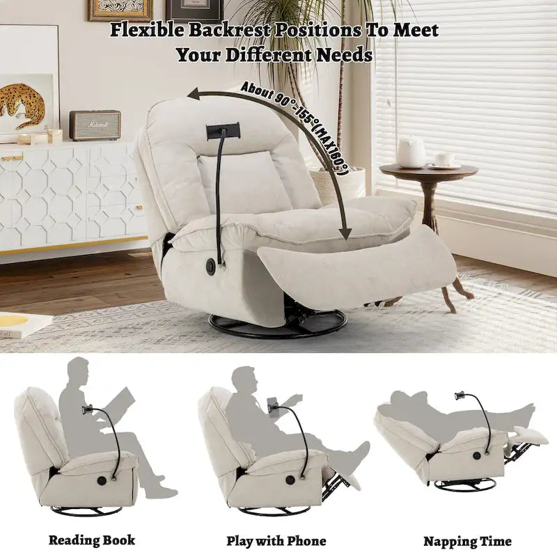 Clihome Adjustable Swivel Chenille Recliner with Phone Holder