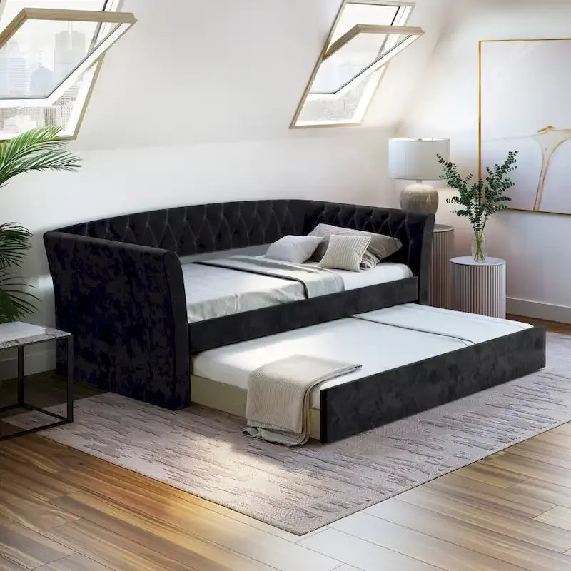   Velvet Upholstered Twin Daybed with Trundle