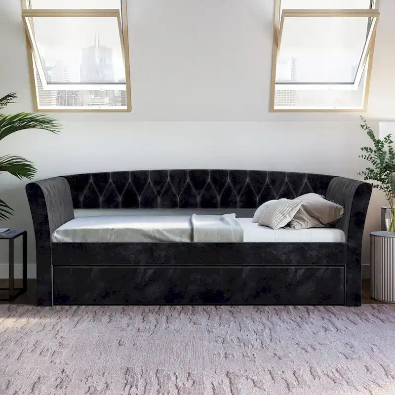 Velvet Upholstered Twin Daybed with Trundle