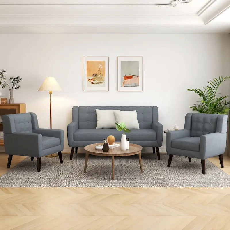 Modern Curved 63 Button Tufted Upholstered Loveseat with 2 Accent Chairs