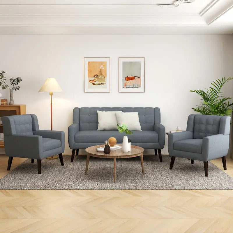 Modern Curved 63 Button Tufted Upholstered Loveseat with 2 Accent Chairs