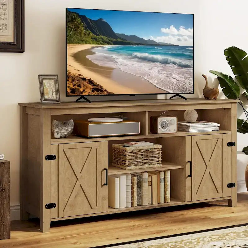 Moasis Farmhouse Highboy TV Stand for 65-Inch TV Barn Door Entertainment Center