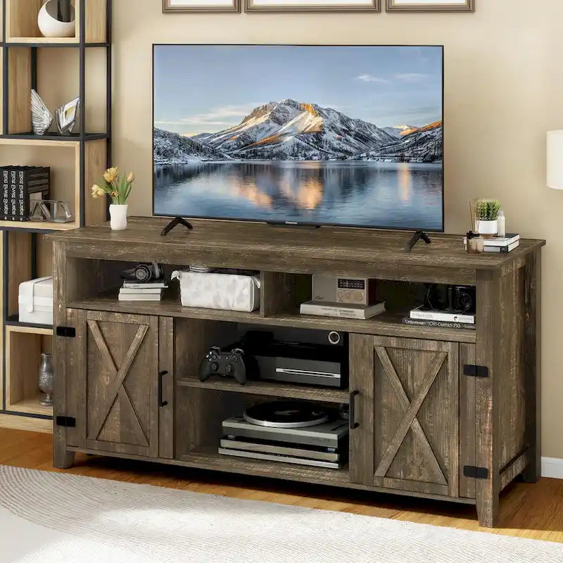 Moasis Farmhouse Highboy TV Stand for 65-Inch TV Barn Door Entertainment Center