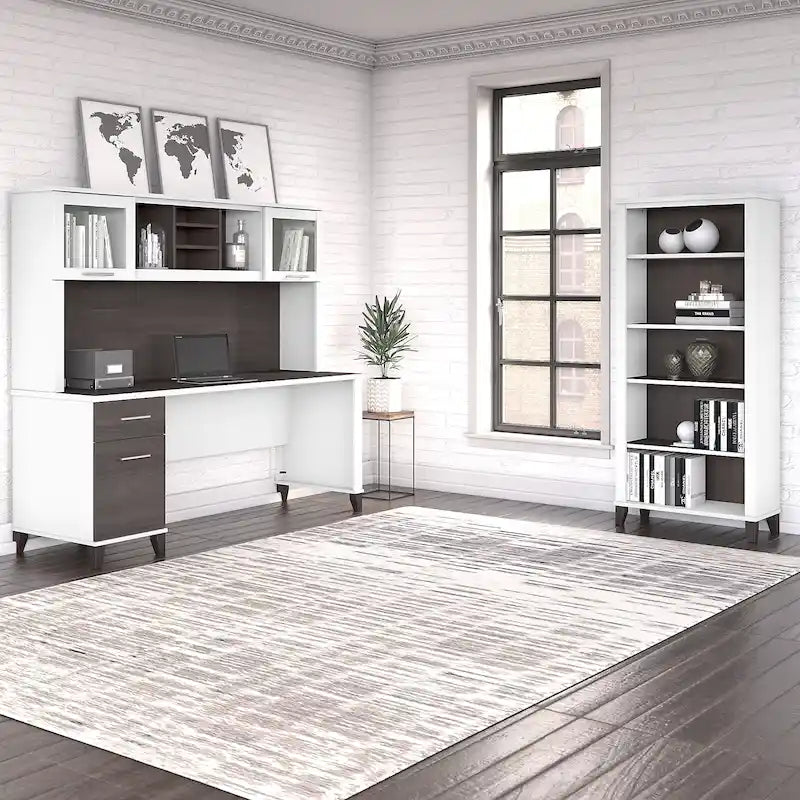 Somerset 72W Office Desk with Hutch and 5 Shelf Bookcase in Ash Gray