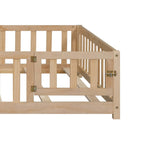Full Size Floor Platform Bed with Fence and Door for Kids