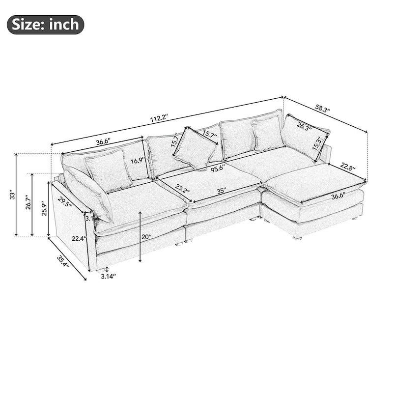 112.2 L-Shape Chenille Upholstered Sofa for Living Room Modern Luxury Sofa Couch with Ottoman, 5 Pillows, Beige