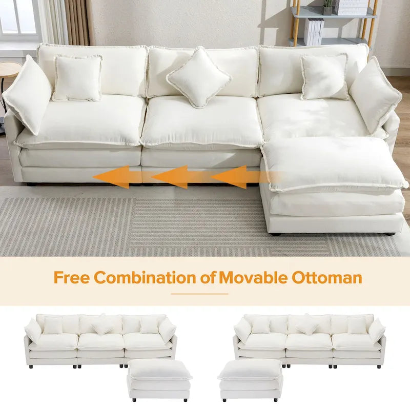 112.2 L-Shape Chenille Upholstered Sofa for Living Room Modern Luxury Sofa Couch with Ottoman, 5 Pillows, Beige