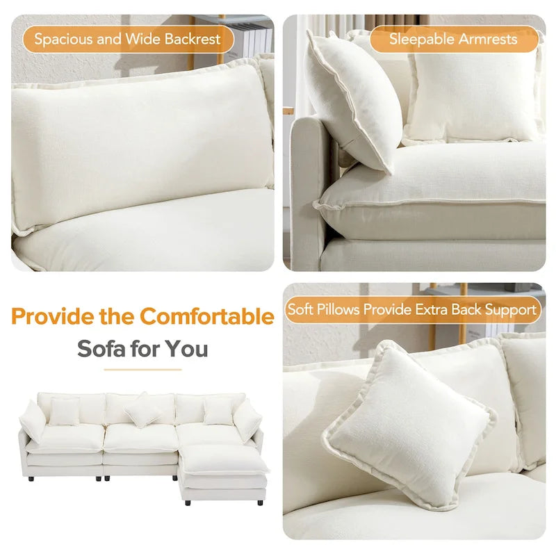 112.2 L-Shape Chenille Upholstered Sofa for Living Room Modern Luxury Sofa Couch with Ottoman, 5 Pillows, Beige