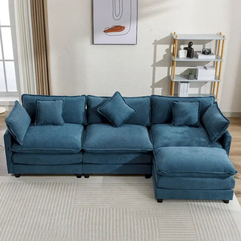 112.2 L-Shape Chenille Upholstered Sofa for Living Room Modern Luxury Sofa Couch with Ottoman, 5 Pillows, Beige