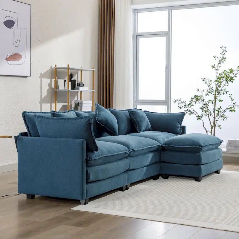 112.2 L-Shape Chenille Upholstered Sofa for Living Room Modern Luxury Sofa Couch with Ottoman, 5 Pillows, Beige