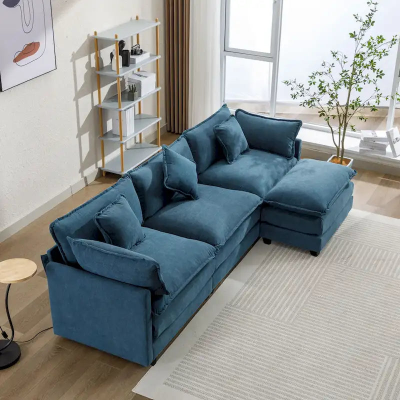 112.2 L-Shape Chenille Upholstered Sofa for Living Room Modern Luxury Sofa Couch with Ottoman, 5 Pillows, Beige