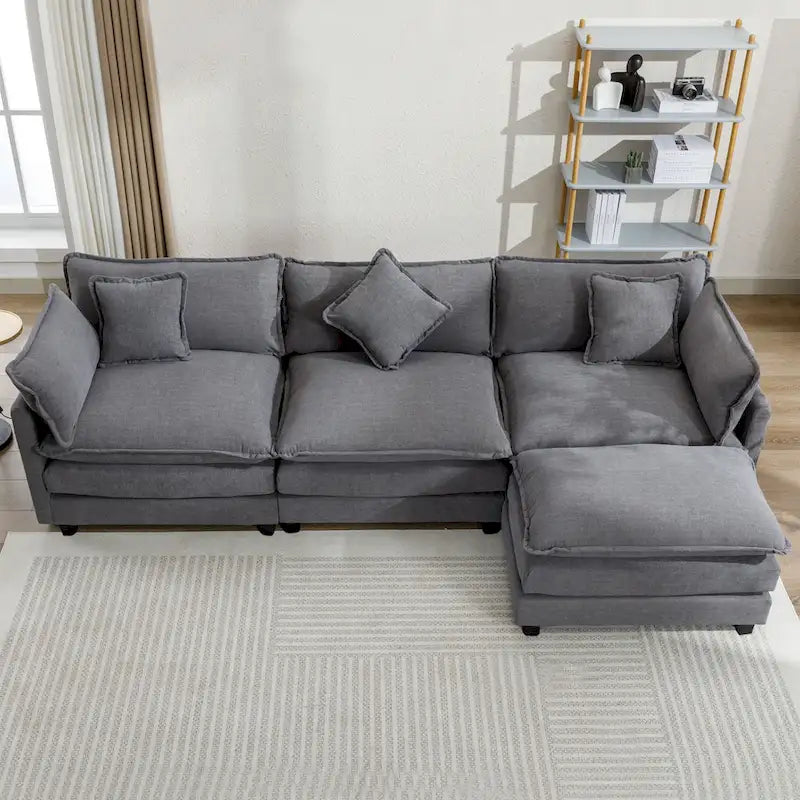 112.2 L-Shape Chenille Upholstered Sofa for Living Room Modern Luxury Sofa Couch with Ottoman, 5 Pillows, Beige