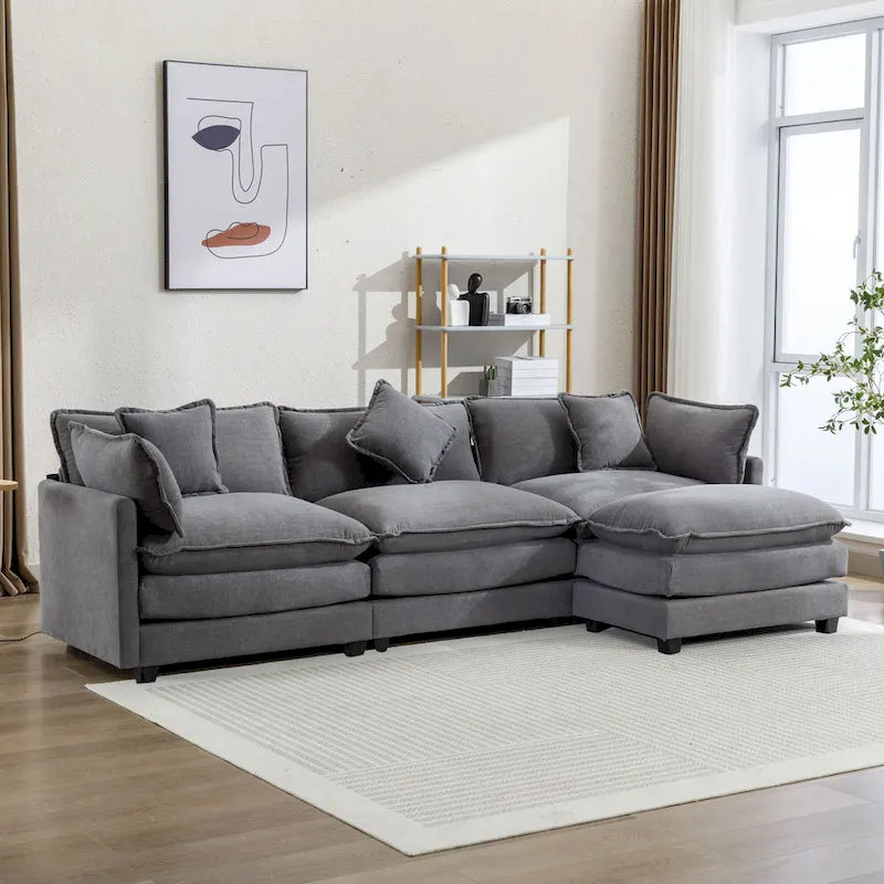 112.2 L-Shape Chenille Upholstered Sofa for Living Room Modern Luxury Sofa Couch with Ottoman, 5 Pillows, Beige