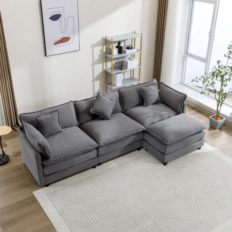 112.2 L-Shape Chenille Upholstered Sofa for Living Room Modern Luxury Sofa Couch with Ottoman, 5 Pillows, Beige