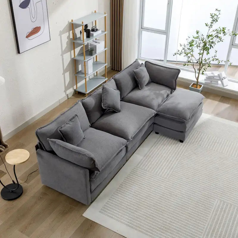 112.2 L-Shape Chenille Upholstered Sofa for Living Room Modern Luxury Sofa Couch with Ottoman, 5 Pillows, Beige