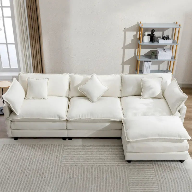 112.2 L-Shape Chenille Upholstered Sofa for Living Room Modern Luxury Sofa Couch with Ottoman, 5 Pillows, Beige