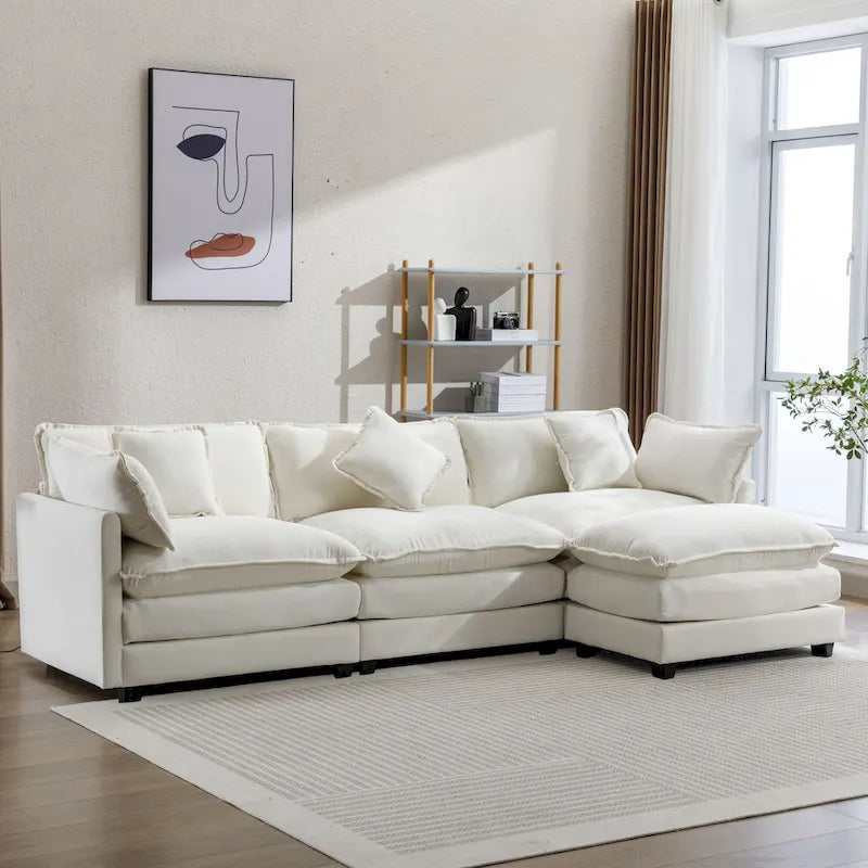 112.2 L-Shape Chenille Upholstered Sofa for Living Room Modern Luxury Sofa Couch with Ottoman, 5 Pillows, Beige