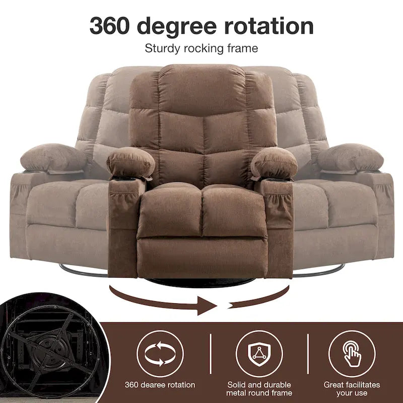 Massage Rocker Recliner Chair Rocking Chairs for Adults Oversized with 2 Cup Holders, USB Charge Port Soft Features a Manual Mas