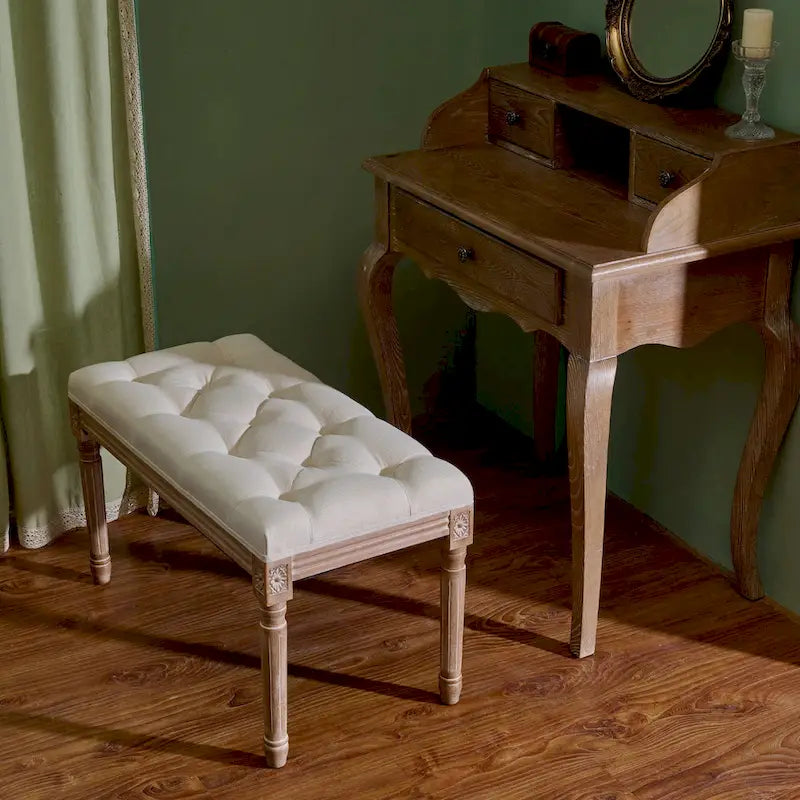 CO-Z French Vintage Upholstered Bench with Carved Solid Wood Frame