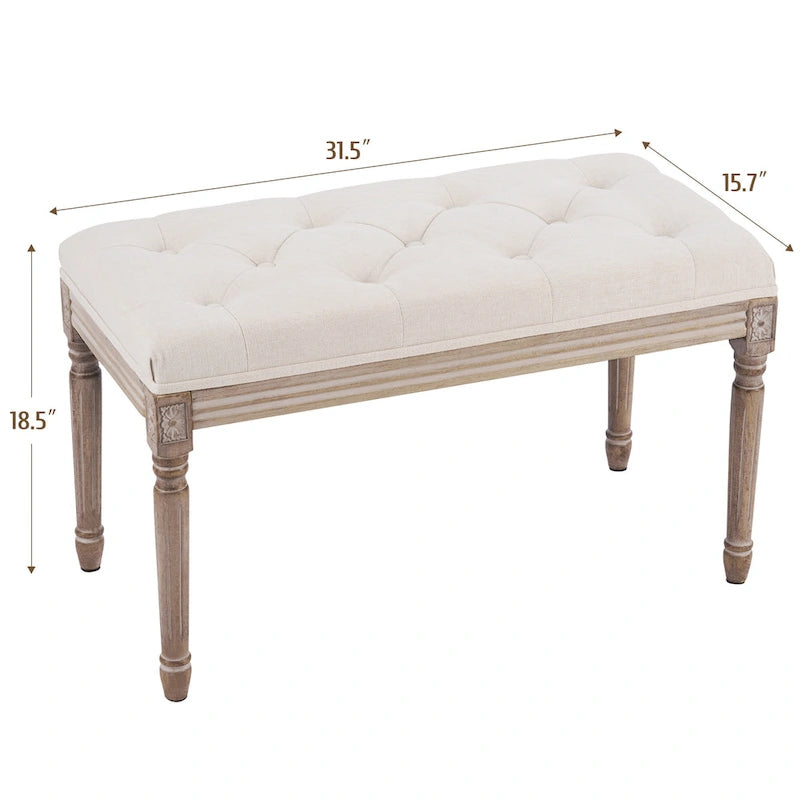 CO-Z French Vintage Upholstered Bench with Carved Solid Wood Frame