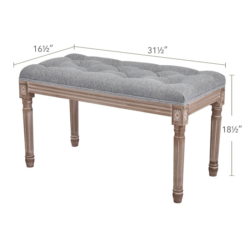 CO-Z French Vintage Upholstered Bench with Carved Solid Wood Frame