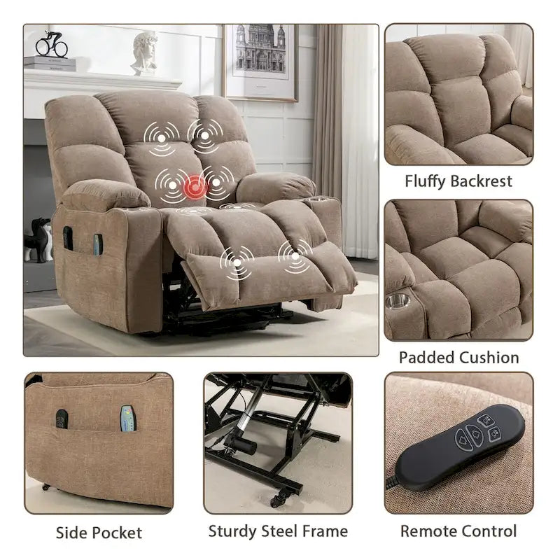 Power Lift Recliner Chair With Electric Massage And Heat For Elderly With 2 Cup Holders
