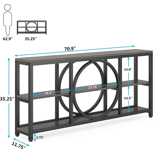 70.9 inch Sofa Console Table with 3 Tier Wood Storage Shelves Industrial Metal Frame for Foyer Hallway Living Room Behind Couch