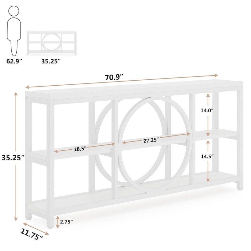 70.9 inch Sofa Console Table with 3 Tier Wood Storage Shelves Industrial Metal Frame for Foyer Hallway Living Room Behind Couch