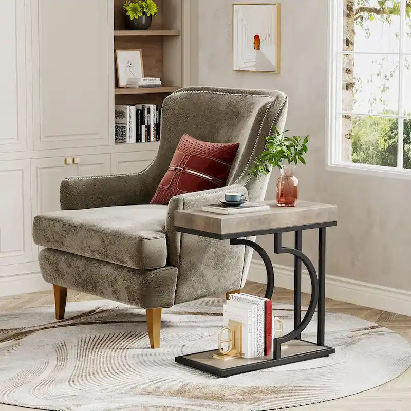 Narrow Side Table White Gold Side Table C Shaped End Table Modern Bedside Table Small Side Table for Couch Living Room