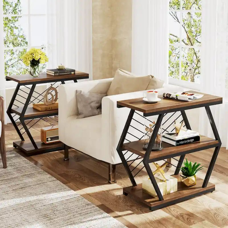 3-tier Rectangular End Side Table with Metal Frame for Living Room, Nightstand Bedside Table for Bedroom